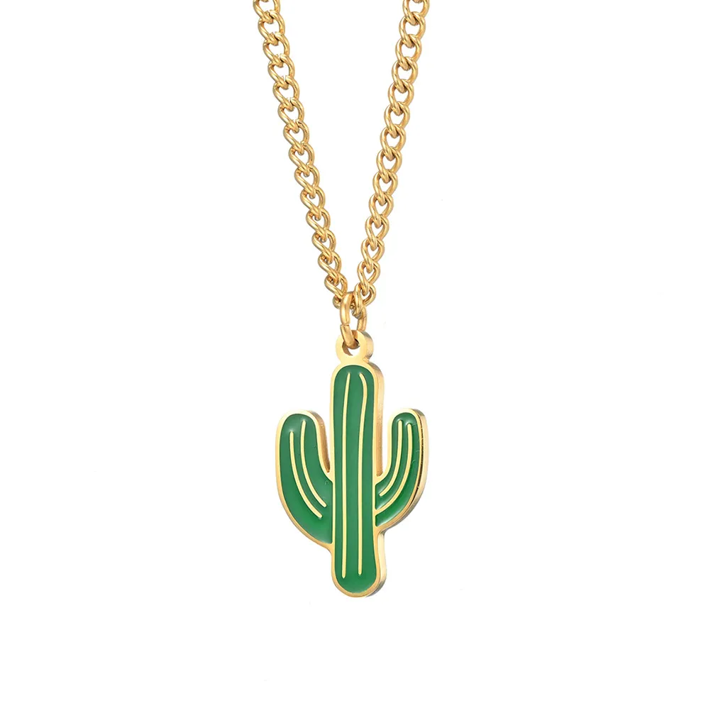 Hip Hop Cactus Tropical Plants Stainless Steel Pendant Necklaces Chain Green Enamel Oil Drop Minimalist Fashion Jewelry