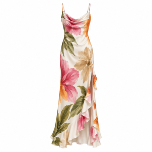Vestido Largo con Estampado Floral, Un Hombro Descubierto, Asimétrico, con Volantes, Espalda Descubierta, para Fiestas, Ropa de Verano - Product Image 1