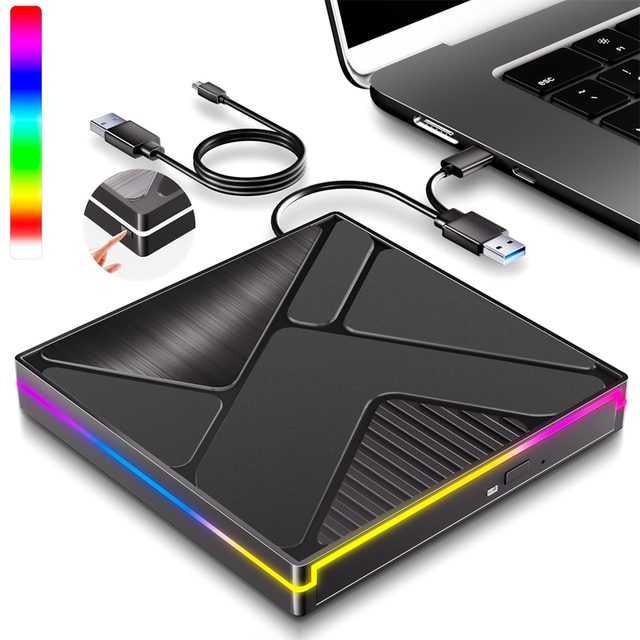 Wholesale Portable RGB Light Type-C USB3.0 Optical CD-RW DVD-RW Writer Burner Reader for Laptop for DVD VCD Players Recorders