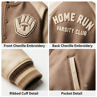 Veste universitaire classique en laine enduite de couleur beige avec manches en cuir PU, broderie de patch en chenille, lettres personnalisées