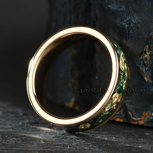 Gentdes gioielli personalizzati fatti a mano piatto oro rosa carburo di tungsteno anello intarsio muschio agata e lamina d'oro anello di nozze per donna signora - Product Image 2
