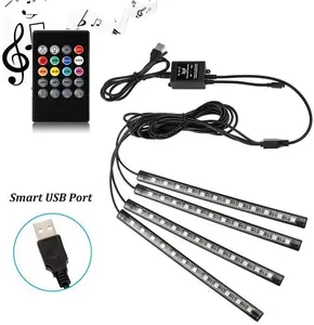 Lampu Interior Mobil RGB 12 LED, Lampu Suasana Interior Mobil Neon, Aplikasi/Remote/Kontrol Suara RGB 12 LED Neon 5V USB