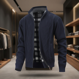 Cárdigan de punto argyle azul marino para hombre, con cremallera completa, cuello alto, lana acrílica, antipilling, ropa de abrigo de otoño, manga regular - Product Image 2