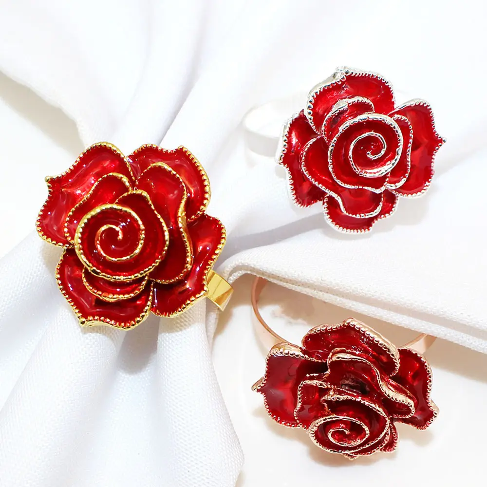 Desain mawar warna-warni wadah cincin serbet logam kuat untuk Hari Valentine dekorasi meja makan pernikahan Natal pengaturan