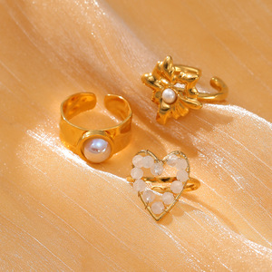 Impermeable incrustaciones perla textura Irregular dedo grueso acero inoxidable 18K chapado en oro mujeres joyería de moda anillos - Product Image 3