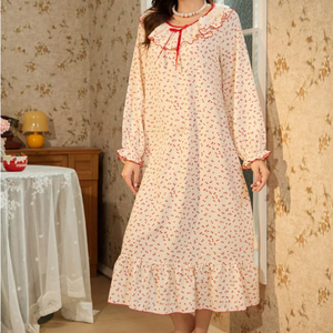 Chemise de nuit imprimée pour femmes, robe de nuit à manches longues et col à volants avec nœud, vêtements de maison décontractés et confortables - Product Image 3