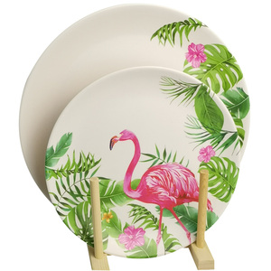 Ensemble de vaisselle en mélamine Flamant rose tropical 8 pouces/10 pouces, assiettes à dîner avec imprimé de feuilles de <span class=keywords><strong>jungle</strong></span> luxuriante - Product Image 2