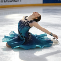 Robe de patinage artistique pour enfants, bleu turquoise dégradé, en dentelle, à manches longues, décolleté en V profond, dos ouvert, ornée de strass faits à la main, coupe irrégulière