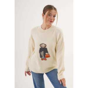 Pull tricoté à col rond brodé motif ours en peluche crème, style coréen décontracté, imprimé hiver avec appliques frontales – Vente en gros - Product Image 3