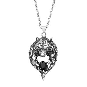 Yunnique – collier avec pendentif tête de loup en acier inoxydable pour hommes, design animal vintage, serti de pierres, chaîne de 60cm, cadeau - Product Image 5
