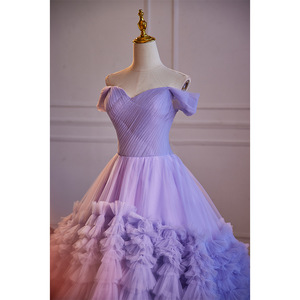 Purple Off The Shoulder Ball Gown Empire Waist Tulle Layered Evening Dress For Wedding Party Princess Style - Product Image 4
