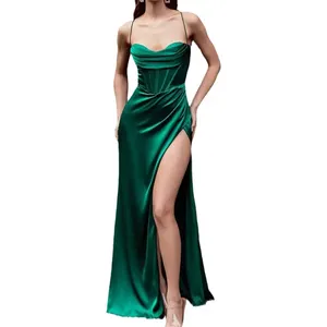 2024 New Satin Không Tay Thanh Lịch Cao Slit Sexy Halter Dress Maxi Prom Phụ Nữ Buổi Tối Ăn Mặc