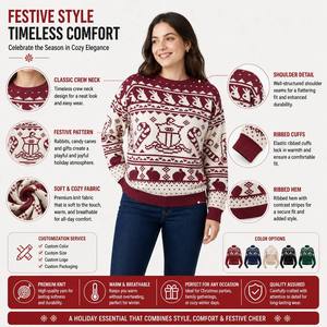 FNJIA Women Crew Neck Christmas <strong>Jumper</strong> Knit Sweater Rabbit Candy Cane Fair Isle Jacquard Long Sleeve Knitted Pullover - Product Image 3