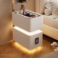 Table de chevet moderne de luxe en bois massif et cuir PU avec lumières LED, chargement sans fil, 2 tiroirs, coffre-fort à code, couleurs personnalisables pour