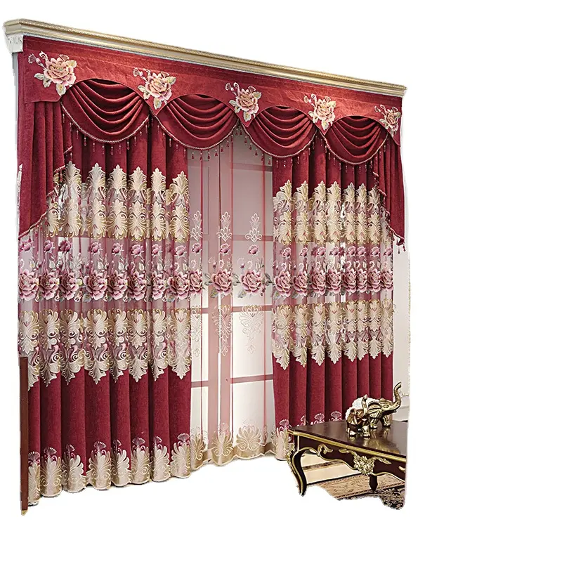 American Styles Chenille Shading Red Embroidery Royal Style Curtains