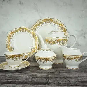 豪华乌克兰荷花造型新款骨瓷24pcs压花金瓷带茶壶瓷器茶具