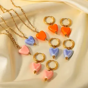 Women's Jewelry Set Waterproof Stainless Steel Cute Love Heart Ceramic Pendant Hoop Earrings Link Chain Necklace