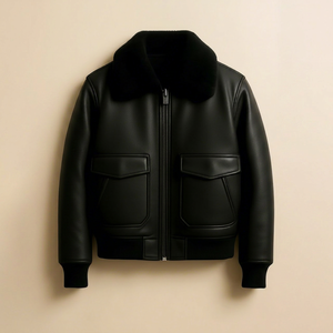 Blouson bomber en cuir véritable pour homme, avec doublure en fausse fourrure, fermeture éclair, coupe-vent, style moto d'hiver - Product Image 1
