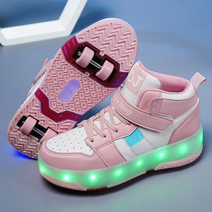 Roller Shoes With Led Light Up Wheels For Kids Size 28-41 Leather Material Double Row Plastic Wheels Flashing Feature - Product Image 3