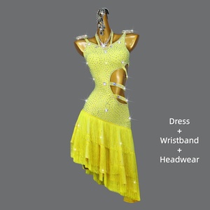 Robe de danse latine pour femme, franges, strass, costume de compétition de danse de salon, jaune, découpes asymétriques, performance scénique - Product Image 3