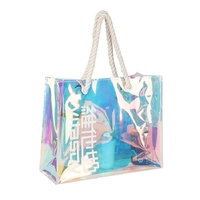 Sac de plage à bandoulière en PVC irisé avec logo personnalisé, fourre-tout avec poignée torsadée, lettre laser holographique irisée imperméable à l'eau