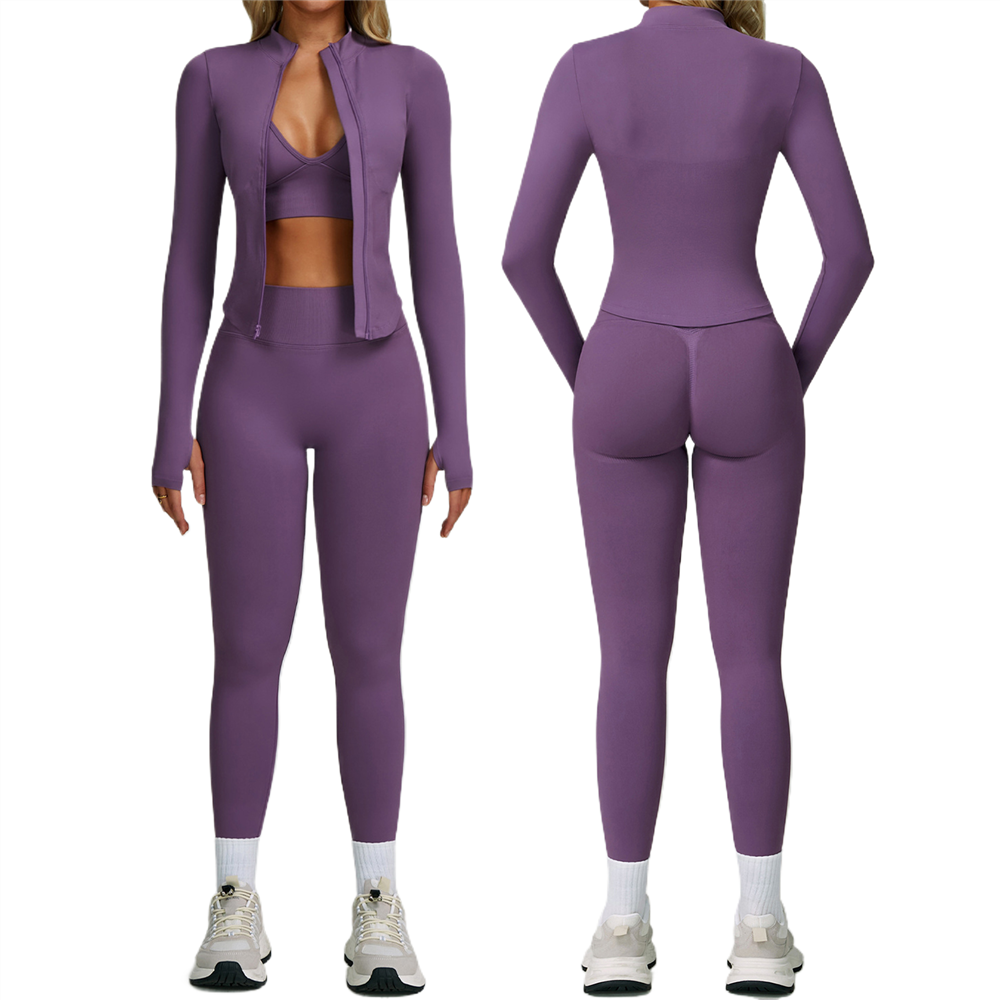 AL010 New Quick-Dry Zip-Up Running Training Women's Sportswear Track Fitness Workout Gym Yoga Bra and Leggings 3-Piece Set