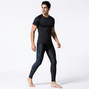 Collants de compression noirs pour femmes avec accents bleus, longueur longue, style ajusté, évacuant l'humidité - Product Image 3