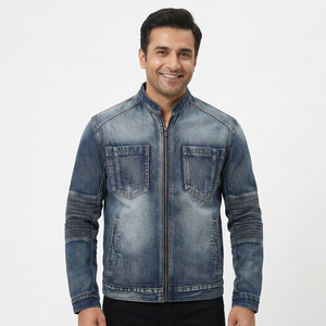 OEM Mens Vintage Biker Denim <b>Jacket</b> For Men Fashionable <b>Slim</b> <b>Fit</b> <b>Jacket</b> With Distressed Wash - Product Image 1