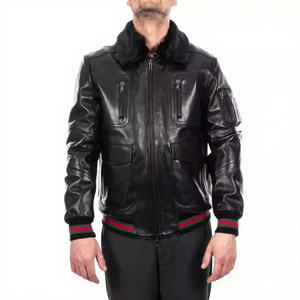 <b>Mens</b> Real Black <b>Leather</b> Bomber <b>Jacket</b> Fur Collar Striped Rib Hem Zip Chest Pockets Sheepskin Aviator Flight Coat Custom Outwear - Product Image 1
