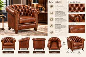 Fauteuil lounge élégant et classique en cuir capitonné marron avec finition richement capitonnée, assise profondément rembourrée et silhouette traditionnelle - Product Image 3