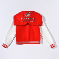 Blouson universitaire color block pour femme, corps en laine, manches en cuir PU, logo appliqué, boutons-pression, pour commandes en gros UE/USA