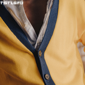 Cardigan en tricot vintage personnalisé pour homme, jaune moutarde, col en V, bordure contrastante, streetwear, fabricants de pulls pour homme, vente en gros - Product Image 5