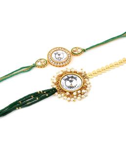 Ensemble élégant de bracelet Rakhi en fil vert Kundan et de bracelet de perles, collection de cadeaux festifs indiens Raksha Bandhan pour frère - Product Image 1