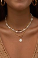 Kalung Rantai Lapis Emas Berlapis Mutiara Air Tawar Minimalis Set Perhiasan Fashion Batu Alam Manik-Manik Batu Permata yang Dapat Ditumpuk