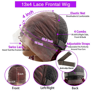 Parrucca Bob Corta Ricci 180% Borgogna 99J con Frontale in Pizzo Trasparente 13x4, <span class=keywords><strong>Capelli</strong></span> Umani, 14-16 Pollici, Rosso Vino, Pre-Piumata con Baby Hair - Product Image 6