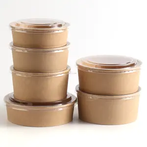 Custom Printed Wholesale Disposable Food Packing Take Away Kraft Paper Salad Noodles Soup Bowls with Lids