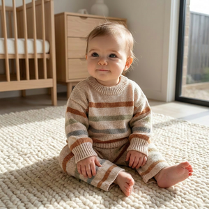 <span class=keywords><strong>Set</strong></span> Due Pezzi in Maglia Sostenibile per Neonati, Tonalità Naturali, Maglione a Righe e Pantaloni, Completo in Maglia per Bambini - Product Image 2