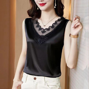 Women's Sleeveless Satin Camisole V-Neck <b>Lace</b> Inner Top Summer Solid Color Micro-<b>Elastic</b> Base Layer Tank Top - Product Image 4