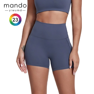 Logo personalizzato di alta qualità in Nylon 23% <span class=keywords><strong>pantaloncini</strong></span> sportivi Spandex con tasche da donna a vita alta da palestra Pilates <span class=keywords><strong>pantaloncini</strong></span> da Yoga - Product Image 2