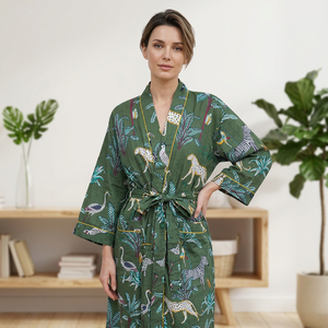 Kimono Indio Hecho a Mano, Tradicional, 100% Algodón, Ligero, con Estampado Animal, Bata de Baño, Ropa de Playa de Verano, Transpirable, Tejido - Product Image 1