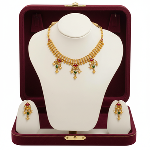 Elegant Gold Short Necklace Set with <b>Red</b> and Green Stones Pearl <b>Drops</b> and Matching <b>Earrings</b> for Bridal Wedding Festive Wear - Product Image 5