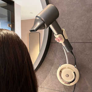 Cream Colored Hair Dryer Holder Wall Mounted Punch Free Round Chrome Finish Bathroom Storage Rack - Product Image 2