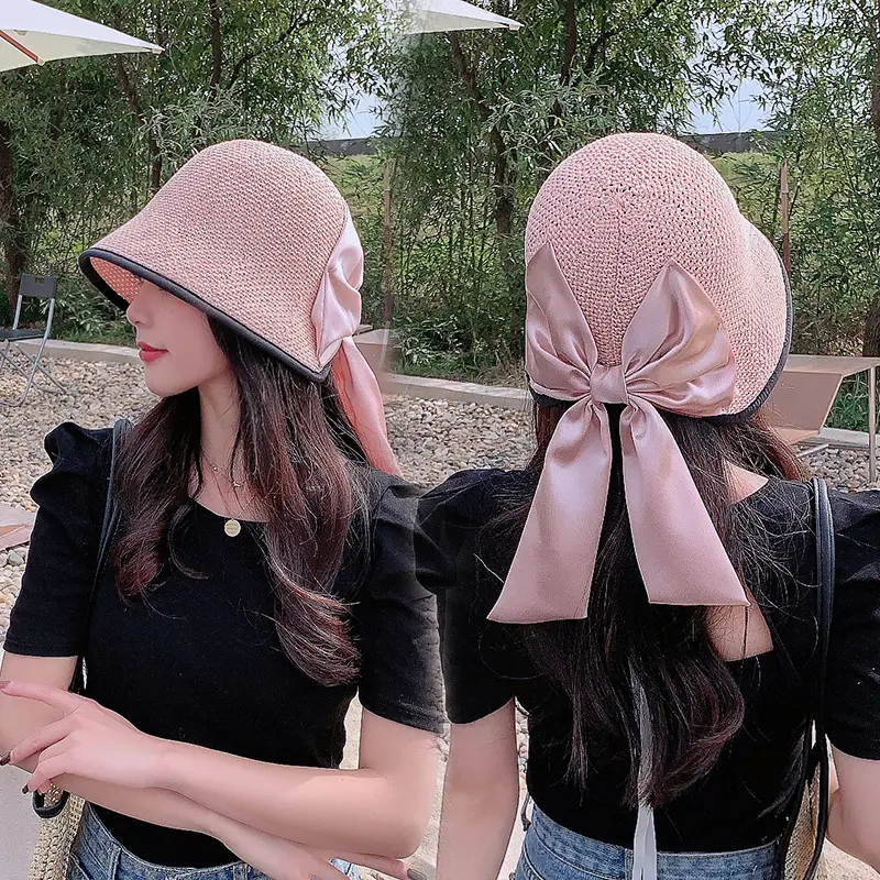 Topi buatan tangan warna polos wanita, topi pantai modis musim panas rajutan pita berlubang