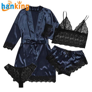 4 Piece Lace Trim Solid Satin Pajamas Set Long Sleeve Short Robe <b>V</b> <b>Neck</b> <b>Cami</b> <b>Top</b> Lounge Shorts Women's Loungewear & Sleepwear - Product Image 6