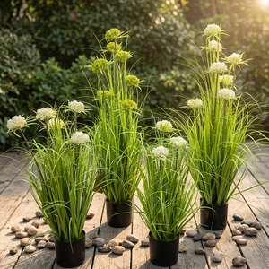 Pianta Artificiale in Vaso, Fiore di Allium Bianco, <span class=keywords><strong>Erba</strong></span> Verde Realistica in PVC, Pianta Finta per Decorazione Interna ed Esterna - Product Image 1