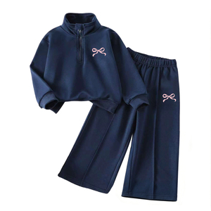 Ensemble thermique décontracté pour petites filles, motif nœud bleu roi, sweat-shirt à col rond et pantalon de survêtement chaud pour enfants, personnalisable - Product Image 4