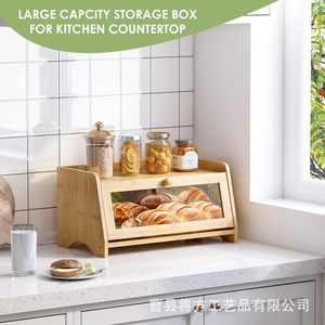 Boîte à pain en bambou, organisateur de rangement de cuisine avec porte en verre pour le pain et les pâtisseries, couleur bois naturel - Product Image 4