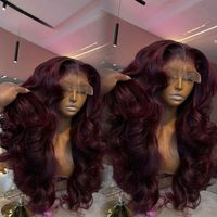 alibaba Beauty Hair Hot Supplier HD Transparan untuk Wig Lace Front Rambut Manusia Panjang Bergelombang Warna Merah Burgundy Tanpa Lem