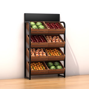 Étagère de présentation robuste à 4 niveaux en fer et bois avec 8 paniers pour fruits et légumes de supermarché, rayonnage commercial pour produits <span class=keywords><strong>frais</strong></span> - Product Image 3