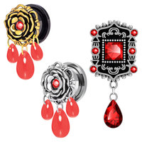 Lingchee Jauges d'oreille en acier inoxydable Red Gem Dangle Plugs Tunnels Vis Back Rose Flower Expander